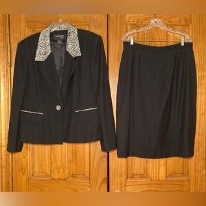 NWOT Adolfo Vintage 80s 90s Skirt Suit Midi 100% Wool Black Women's Size 16